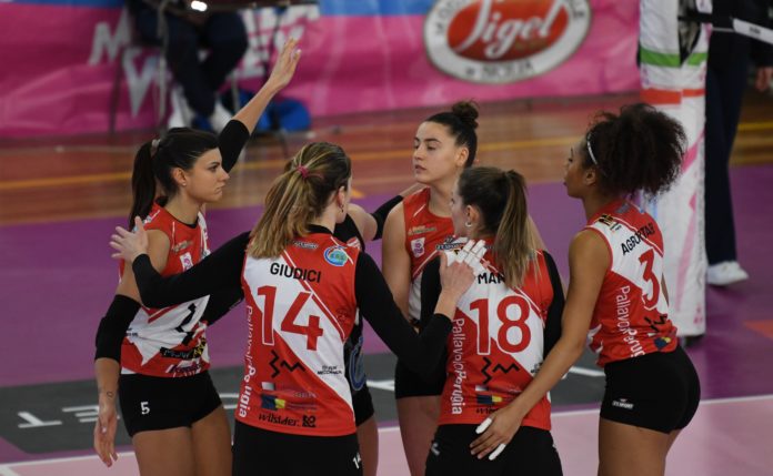 esultanza 3m perugia Con la sconfitta per 3-0 in casa del Club Italia, arriva l’aritmetica a condannare alla B1 le biancorosse di coach Marangi